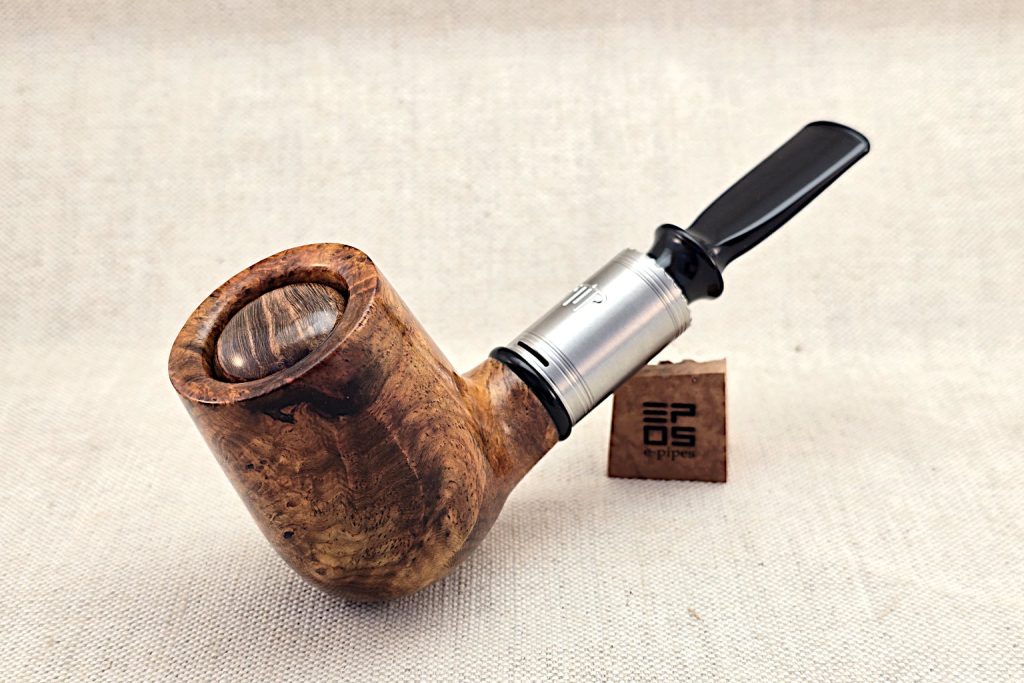 Handcrafted Amboyna Burl straight billiard e-pipe with black acrylic stem, briar button and natural finish polished to highlight the grain